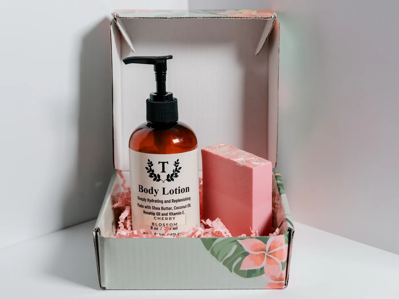 The Cherry Blossom Soap and Lotion Set in its box